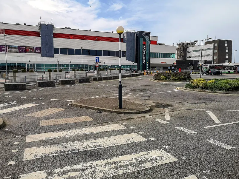 The terminal building and forecourt crossing at Cardiff Airport