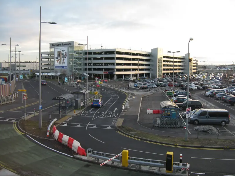 The multi-storey car park and surface parking beside the terminal roads at Edinburgh Airport