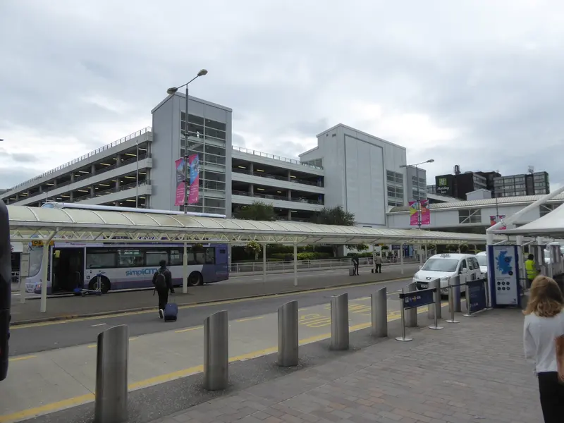 The multi-storey car park and covered bus stands outside the terminal at Glasgow Airport