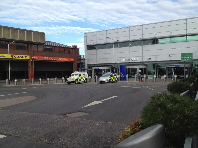 The front of the terminal building at London Luton Airport with the arrivals entrance
